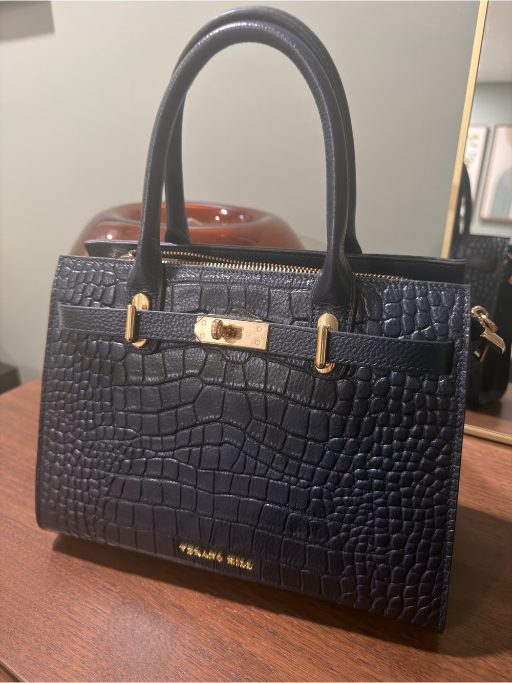 Verano Hill Navy Croc-Embossed Leather Satchel with detachable strap